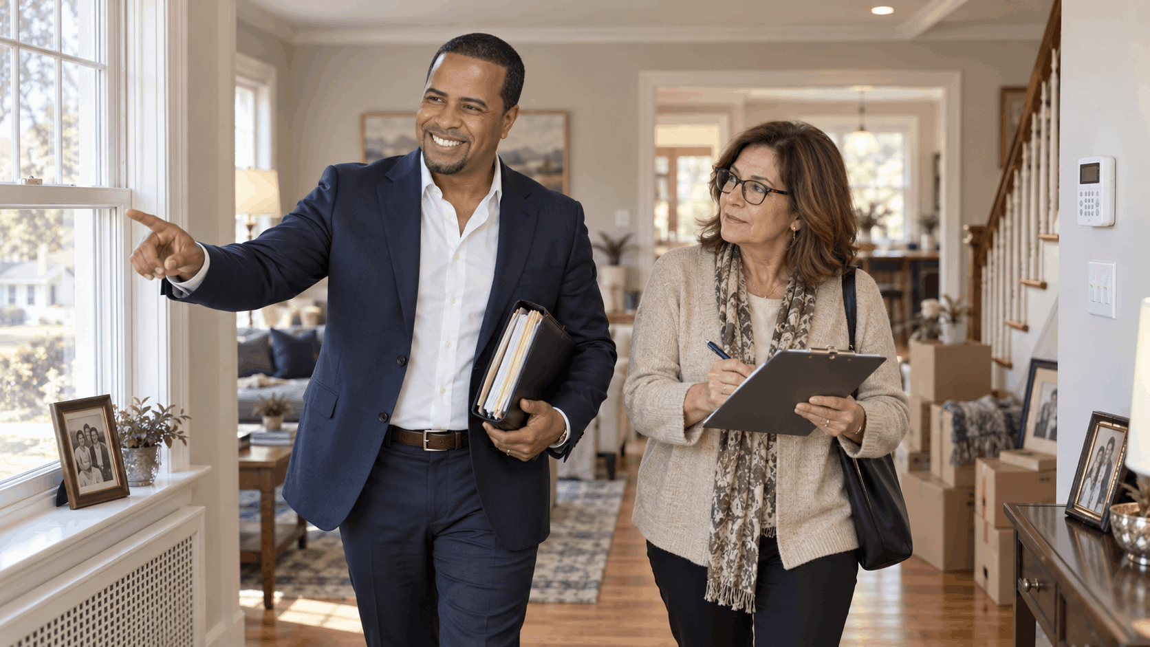Johnny Rodriguez walking through an inherited North Jersey home with an executor, reviewing property condition, security, estate documents, and a home management checklist