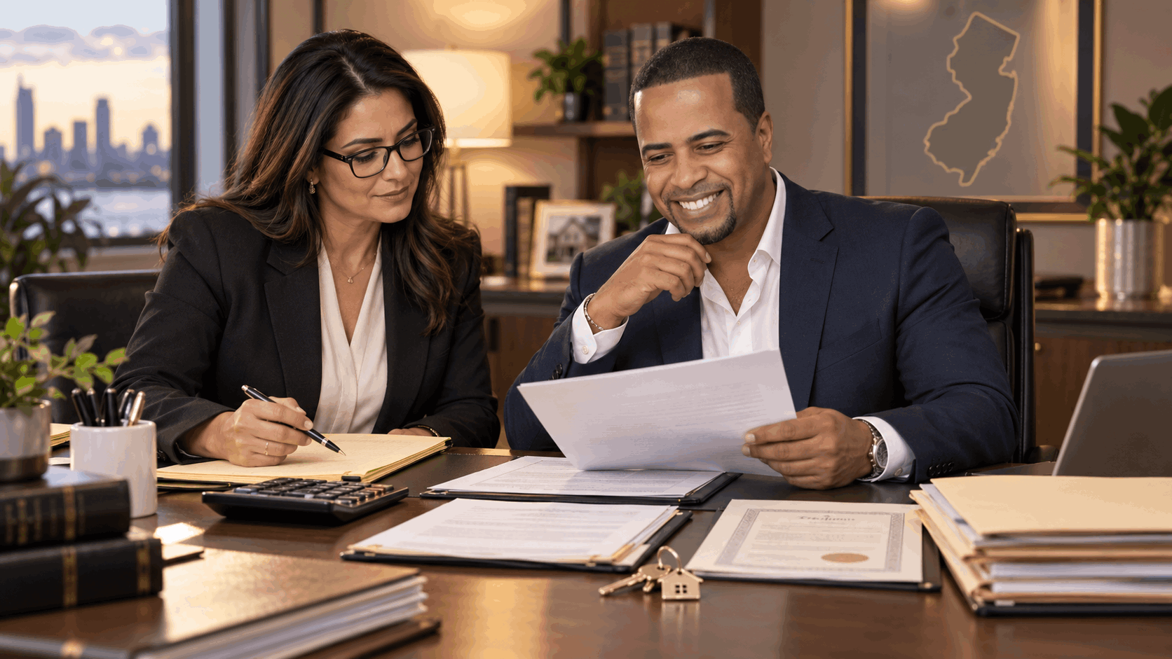 Johnny Rodriguez reviewing inherited New Jersey property documents, tax waiver paperwork, deed, calculator, and house key with a tax or legal professional.