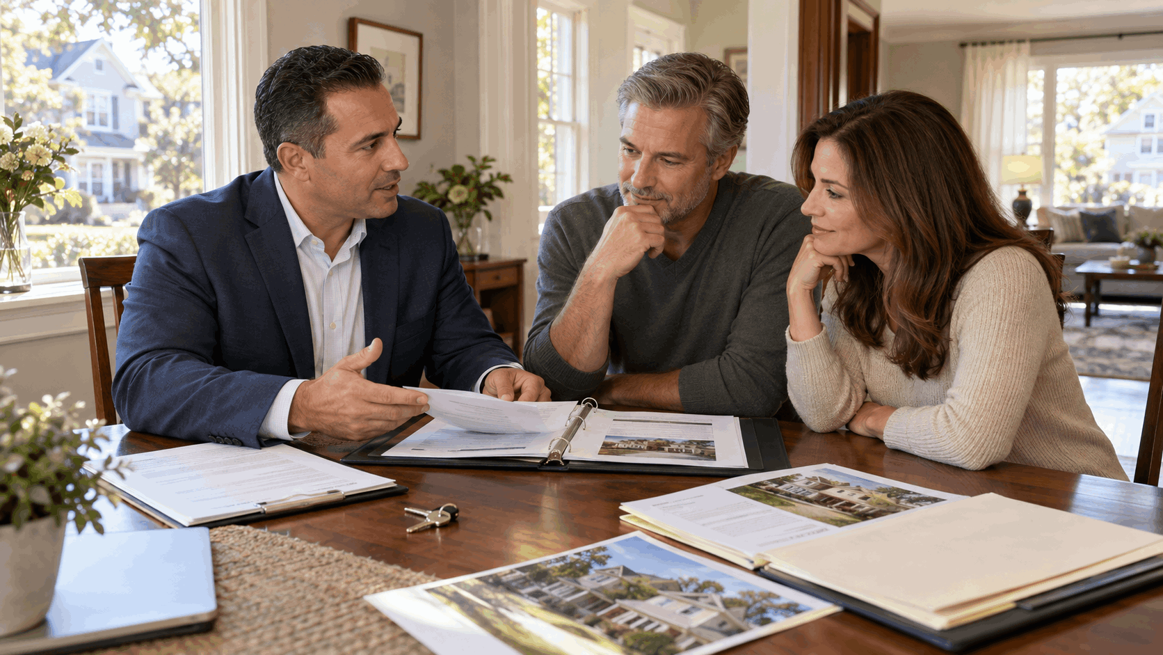Johnny Rodriguez reviewing property disclosures, inspection notes, permits, and home photos with North Jersey homeowners before listing their property for sale.