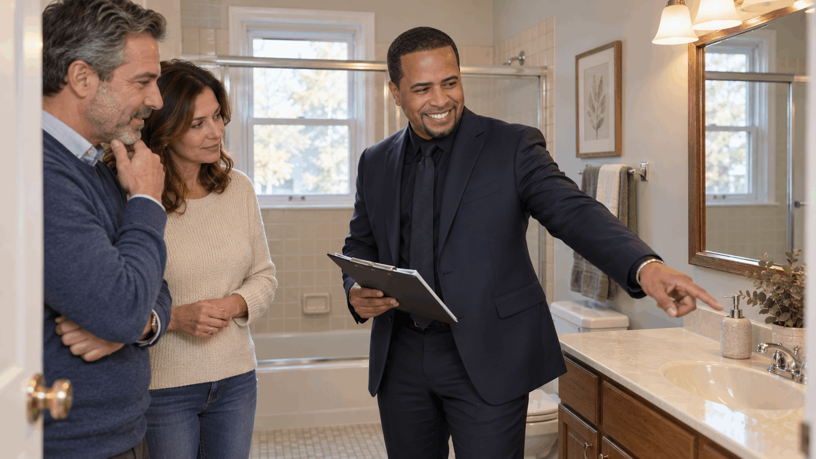 Johnny Rodriguez walking New Jersey homeowners through simple bathroom updates before selling, highlighting fresh caulk, clean grout, better lighting, neutral paint, and small fixture improvements.