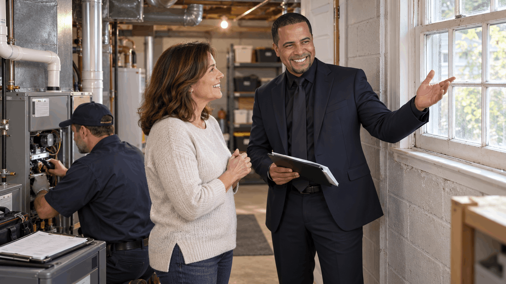 Johnny Rodriguez advising a New Jersey homeowner while an HVAC technician inspects a functioning furnace and older windows before listing the home for sale.