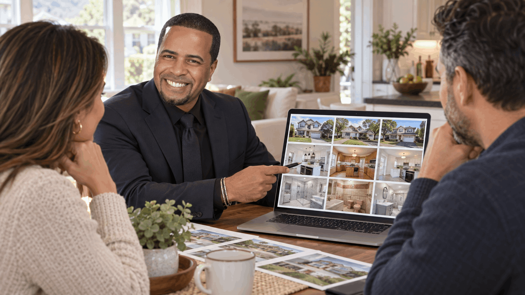 Johnny Rodriguez reviewing comparable North Jersey homes with sellers to compare updated and dated kitchens, bathrooms, and exteriors before recommending which repairs to make before listing.
