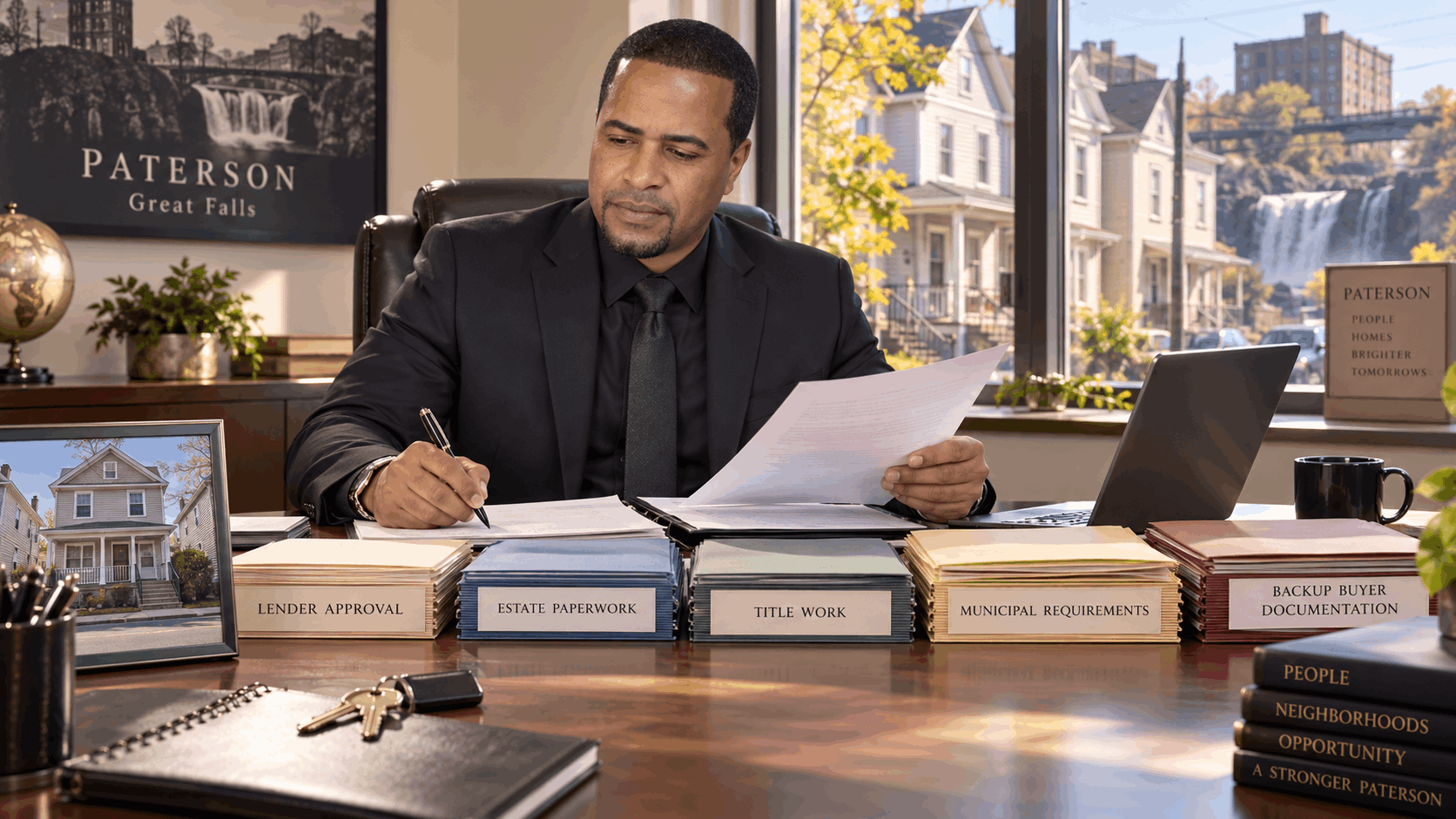 Johnny Rodriguez managing a complex Paterson NJ short sale with organized lender, estate, title, municipal, and backup buyer paperwork at his desk.