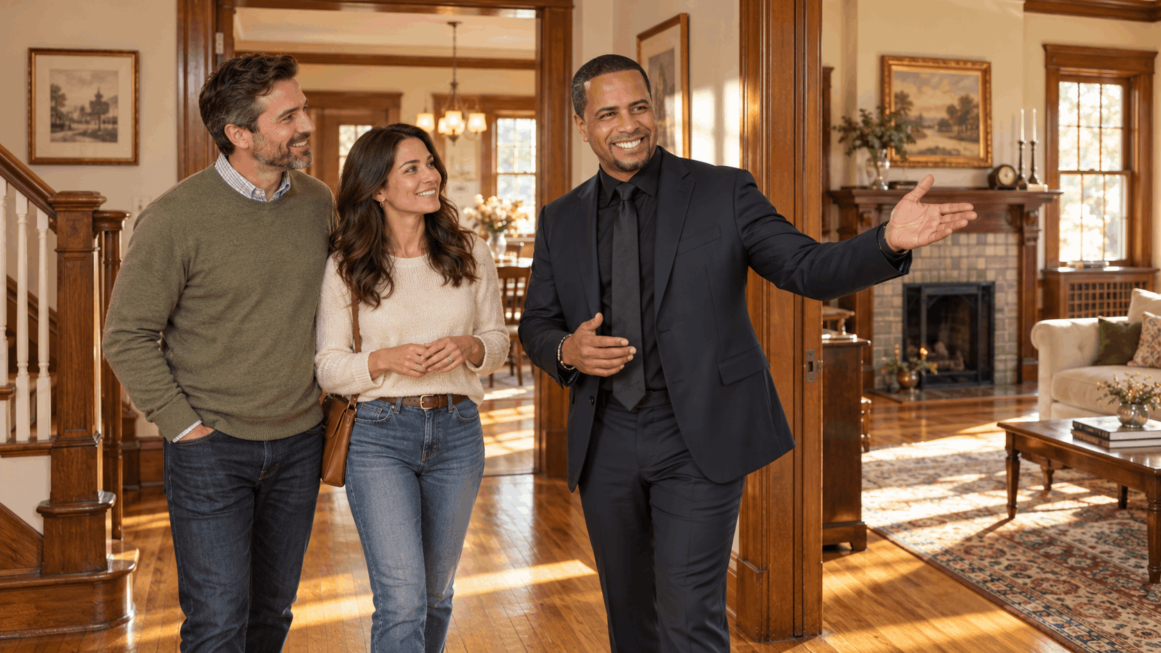 Johnny Rodriguez walking North Jersey homeowners through a clean older colonial home with original hardwood floors, wood trim, and vintage details before listing it for sale.