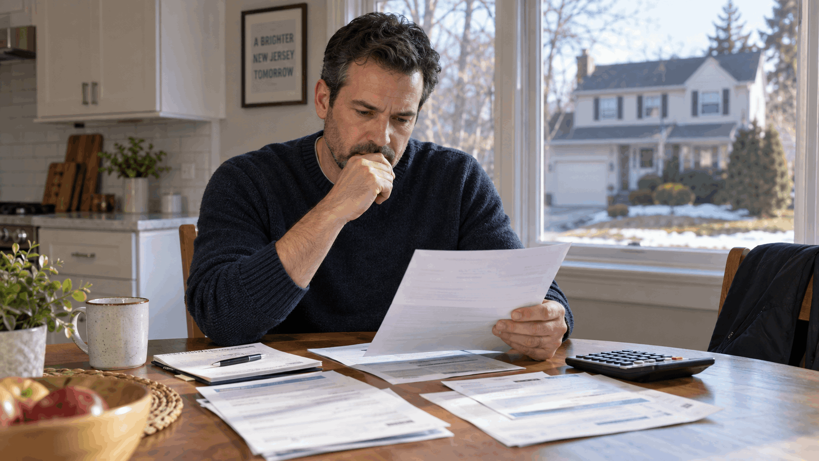 North Jersey homeowner reviewing rising mortgage, property tax, insurance and home repair expenses at a kitchen table.