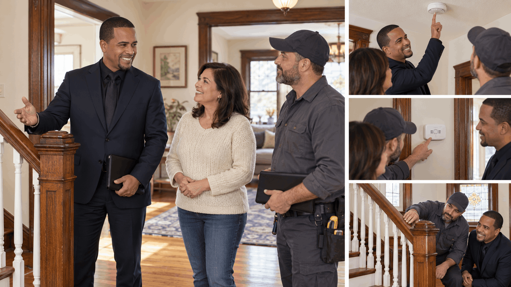 Johnny Rodriguez walking through an older North Jersey home with a homeowner and qualified professional checking smoke alarms, carbon monoxide detectors, stair railings, and other safety items before listing.
