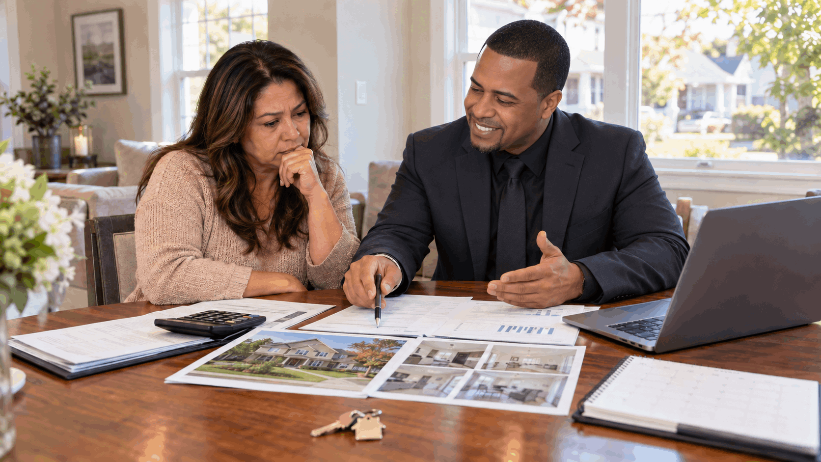Concerned North Jersey homeowner reviewing mortgage and home selling options with real estate agent Johnny Rodriguez.