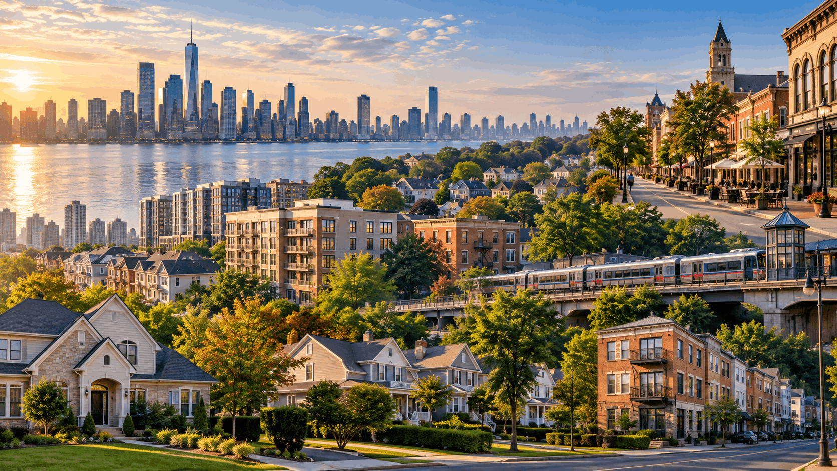 North Jersey real estate panorama featuring Hudson River skyline views, suburban homes, walkable downtowns, multifamily housing, and commuter rail access.