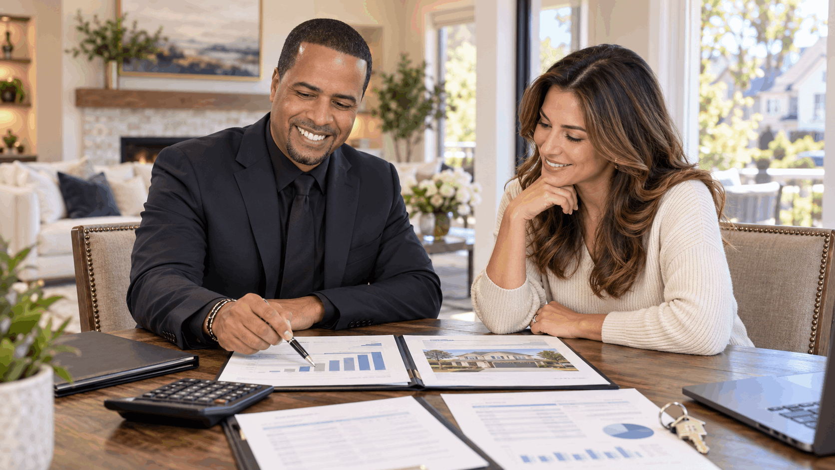 Johnny Rodriguez reviewing estimated net proceeds, mortgage payoff, closing costs, and property value with a North Jersey homeowner before choosing a selling strategy.