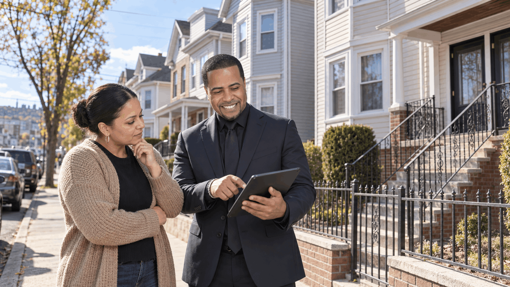 Johnny Rodriguez reviewing a Paterson multifamily property with a homeowner while discussing property condition, local competition, and potential buyers.