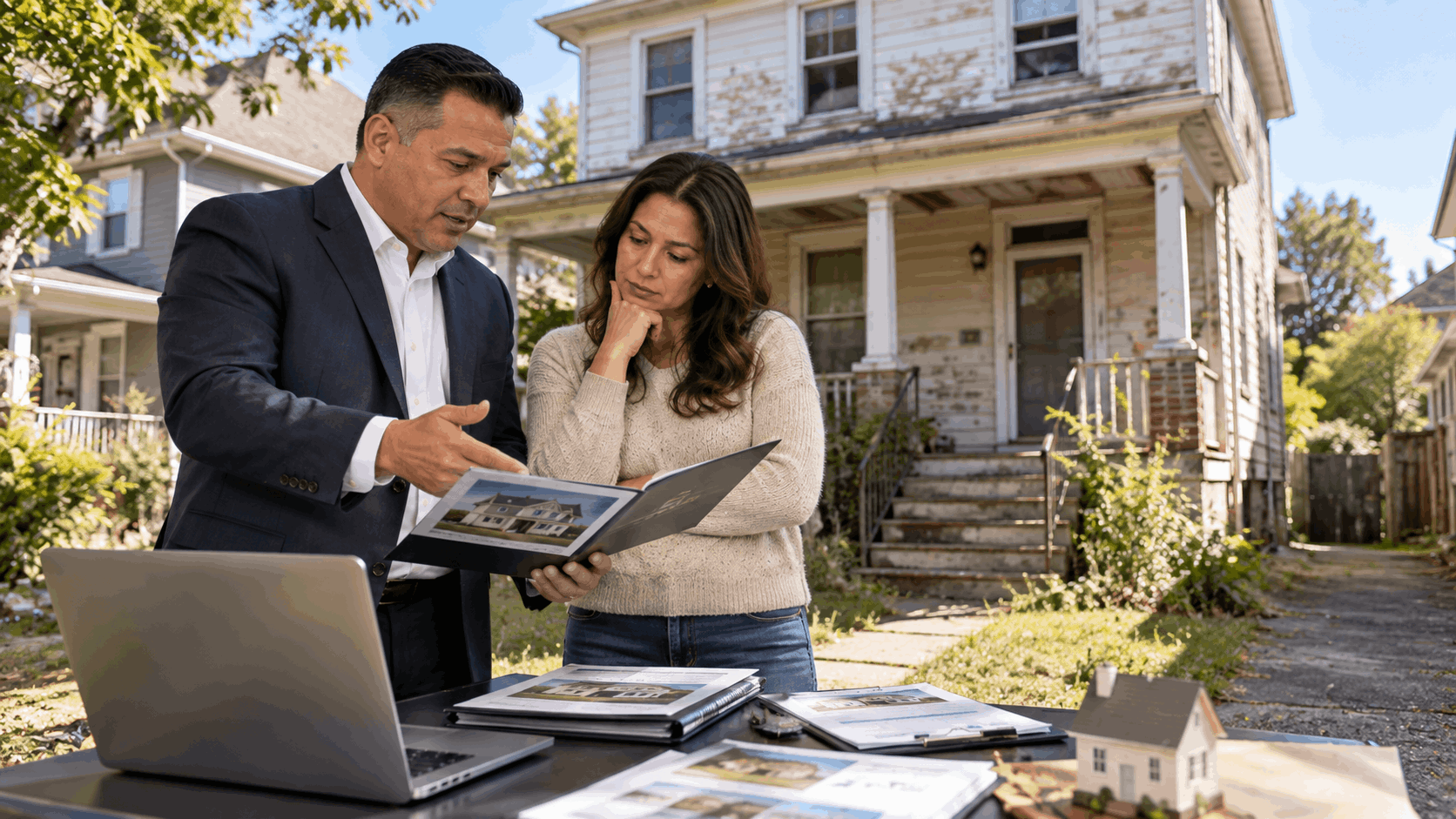 North Jersey homeowner comparing an as-is cash sale with a traditional market listing outside a dated home with a real estate agent.