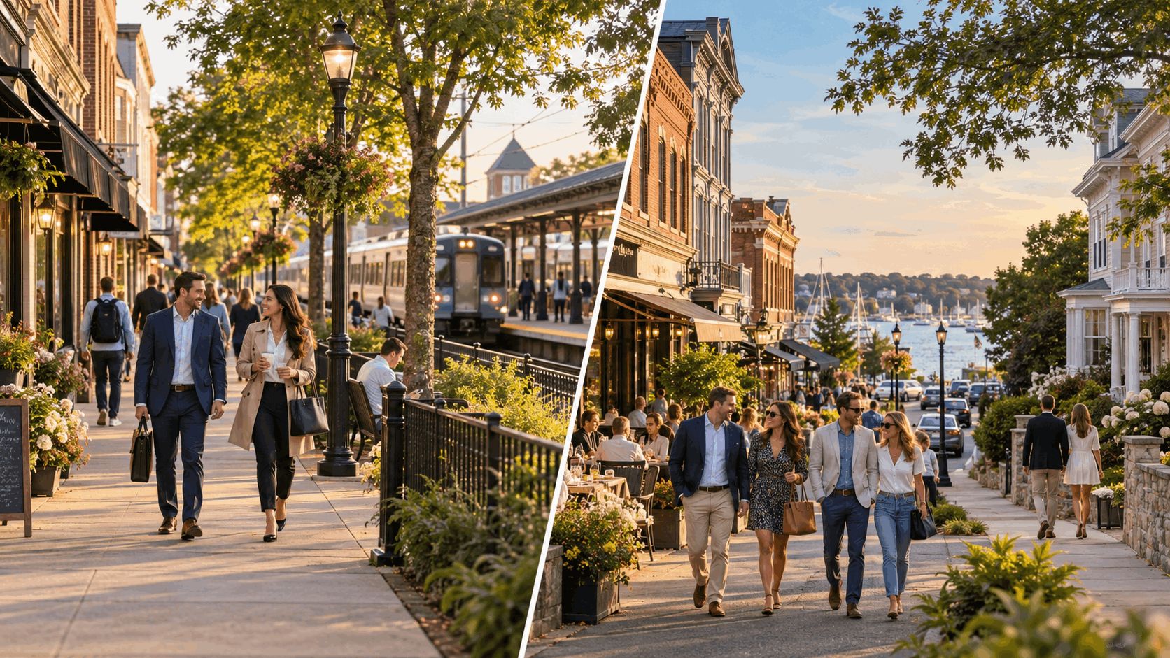 New Jersey commuter lifestyle comparison featuring Metuchen near a train station and Red Bank near the waterfront, with walkable downtowns, homes, and professionals.