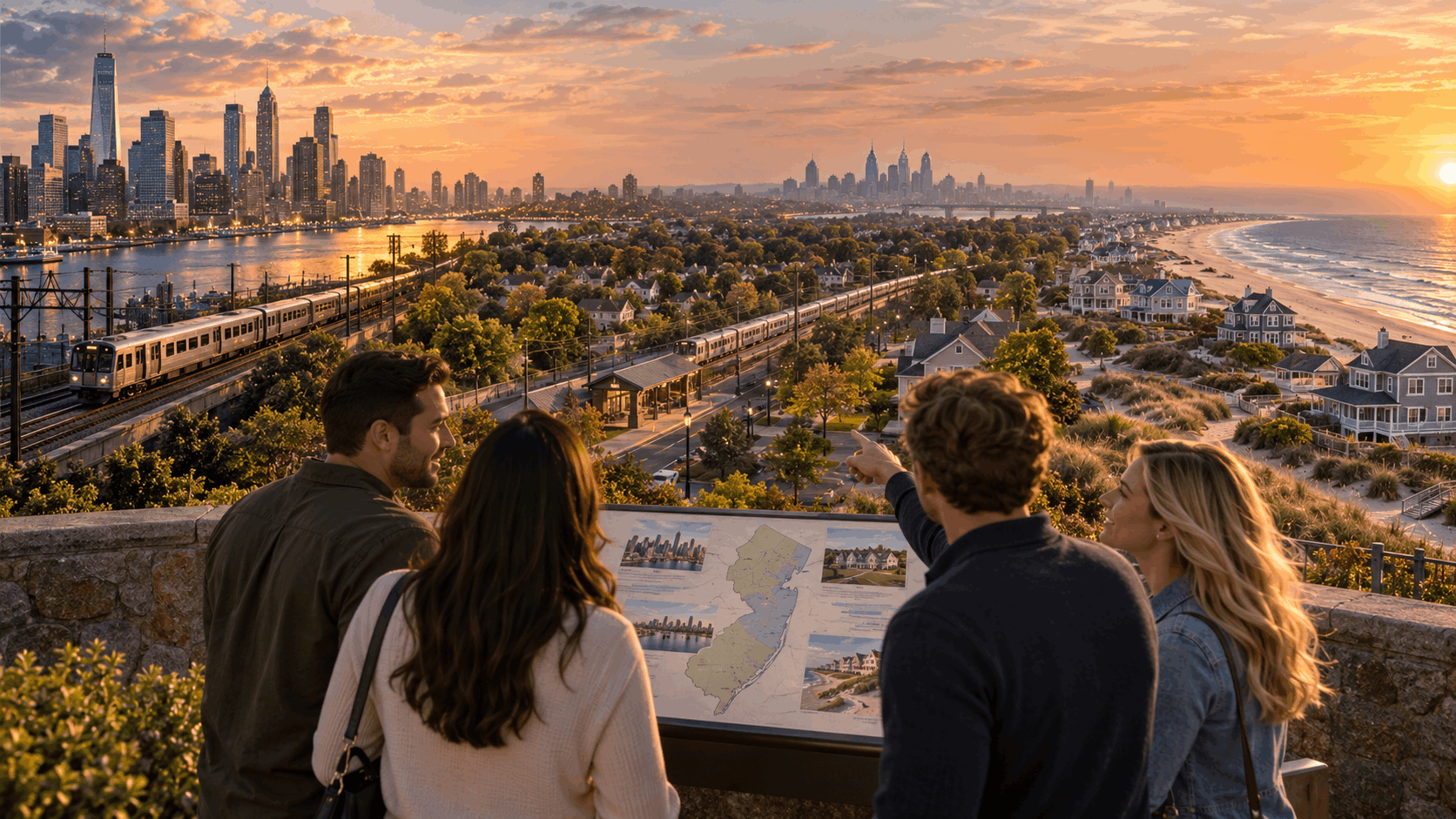 Cinematic New Jersey lifestyle image showing North Jersey skyline and commuter rail, Central Jersey suburbs, South Jersey neighborhoods, Jersey Shore homes, and buyers comparing lifestyle and commute options.