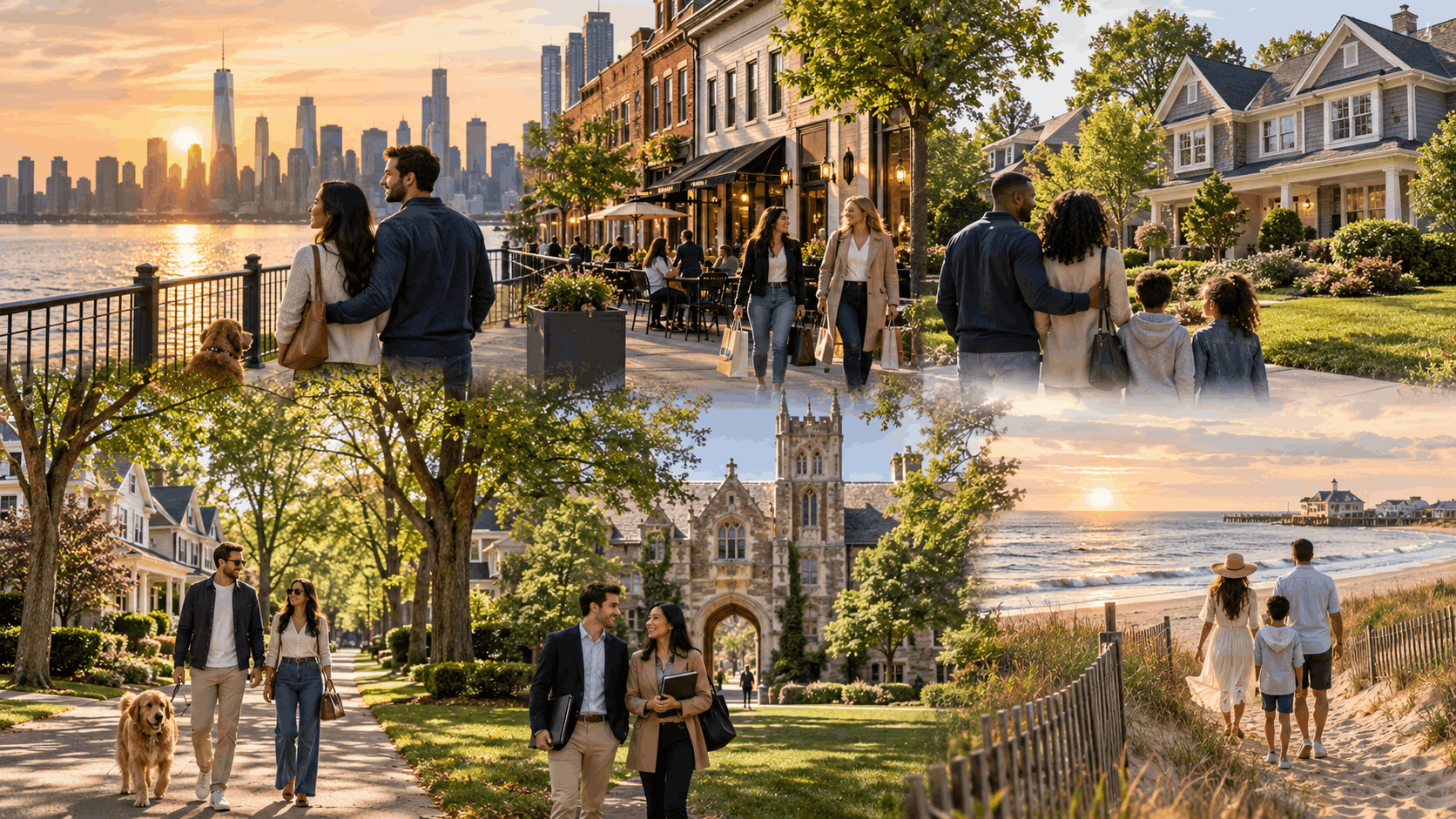 New Jersey lifestyle collage featuring Hoboken waterfront, Montclair downtown, Clifton homes, Ridgewood streets, Princeton architecture, and the Jersey Shore.