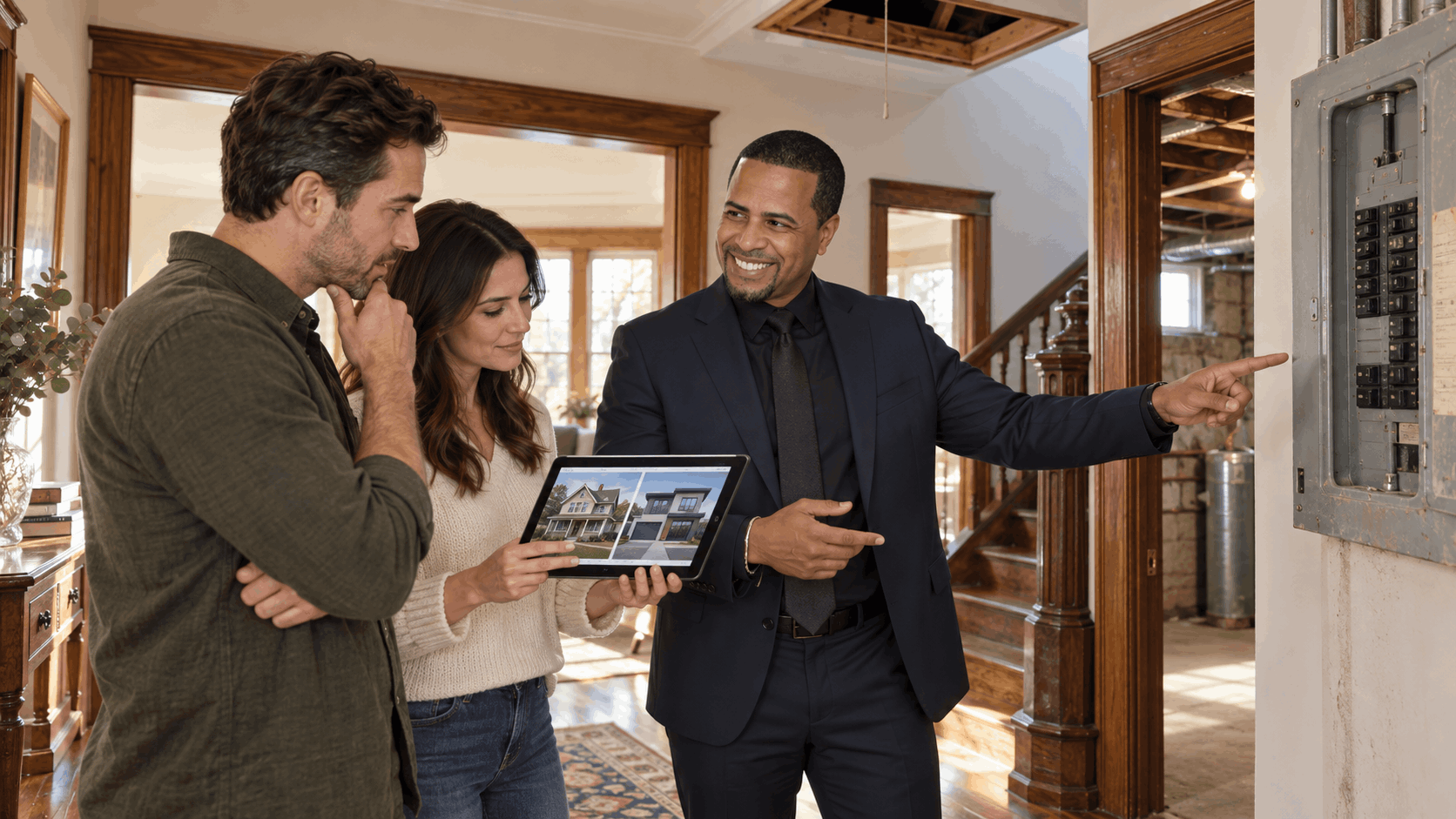 Johnny Rodriguez touring an older North Jersey home with buyers while comparing electrical, basement, roof, and original features against a newer home option.