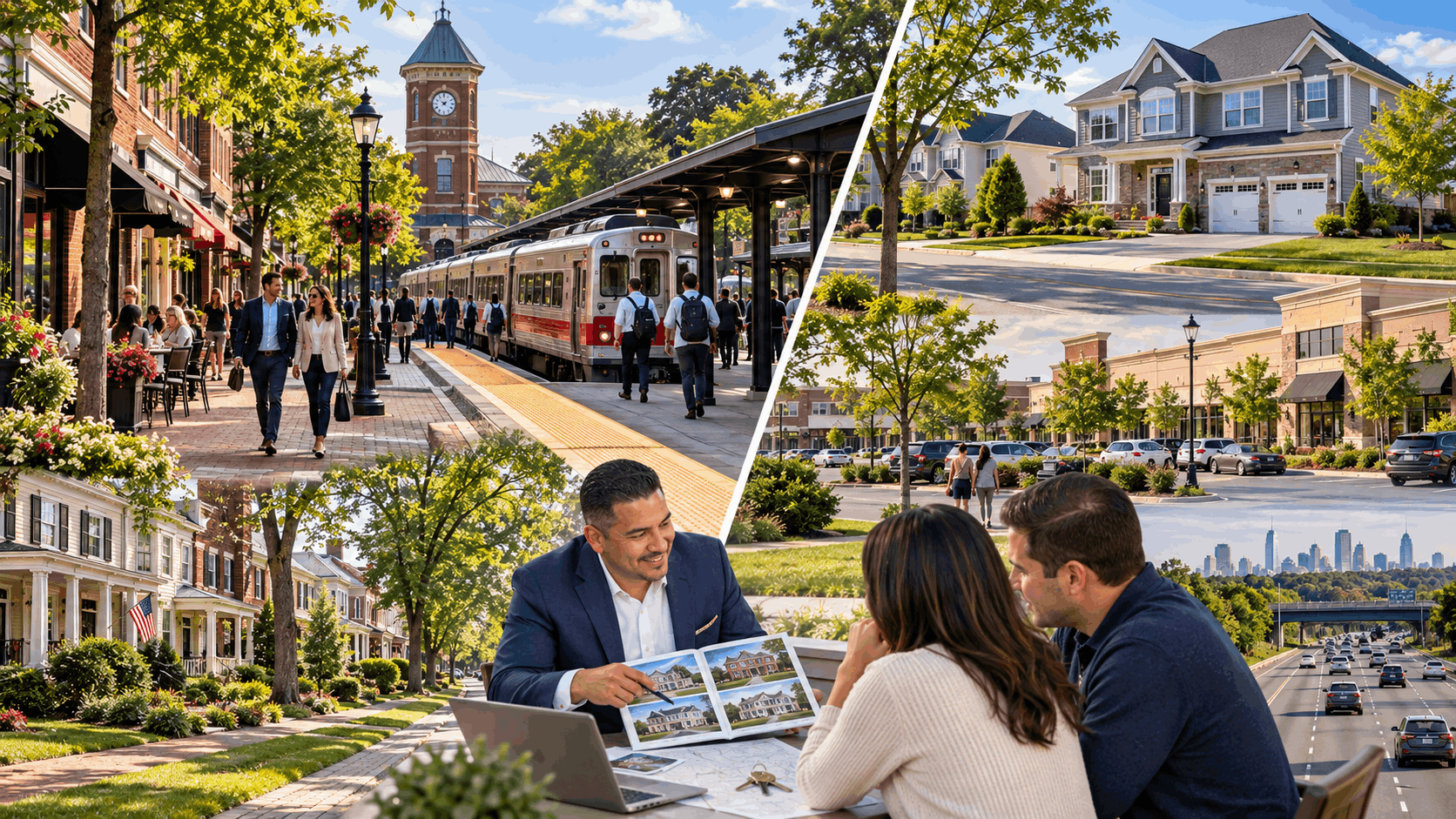 South Jersey lifestyle comparison featuring walkable Haddonfield, commuter rail access, Cherry Hill suburban homes, shopping, highways, and Philadelphia-oriented homebuyers.