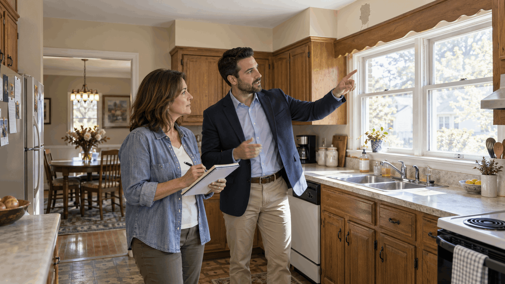 North Jersey homeowner and real estate agent reviewing practical low-cost repairs before listing a dated home for sale.