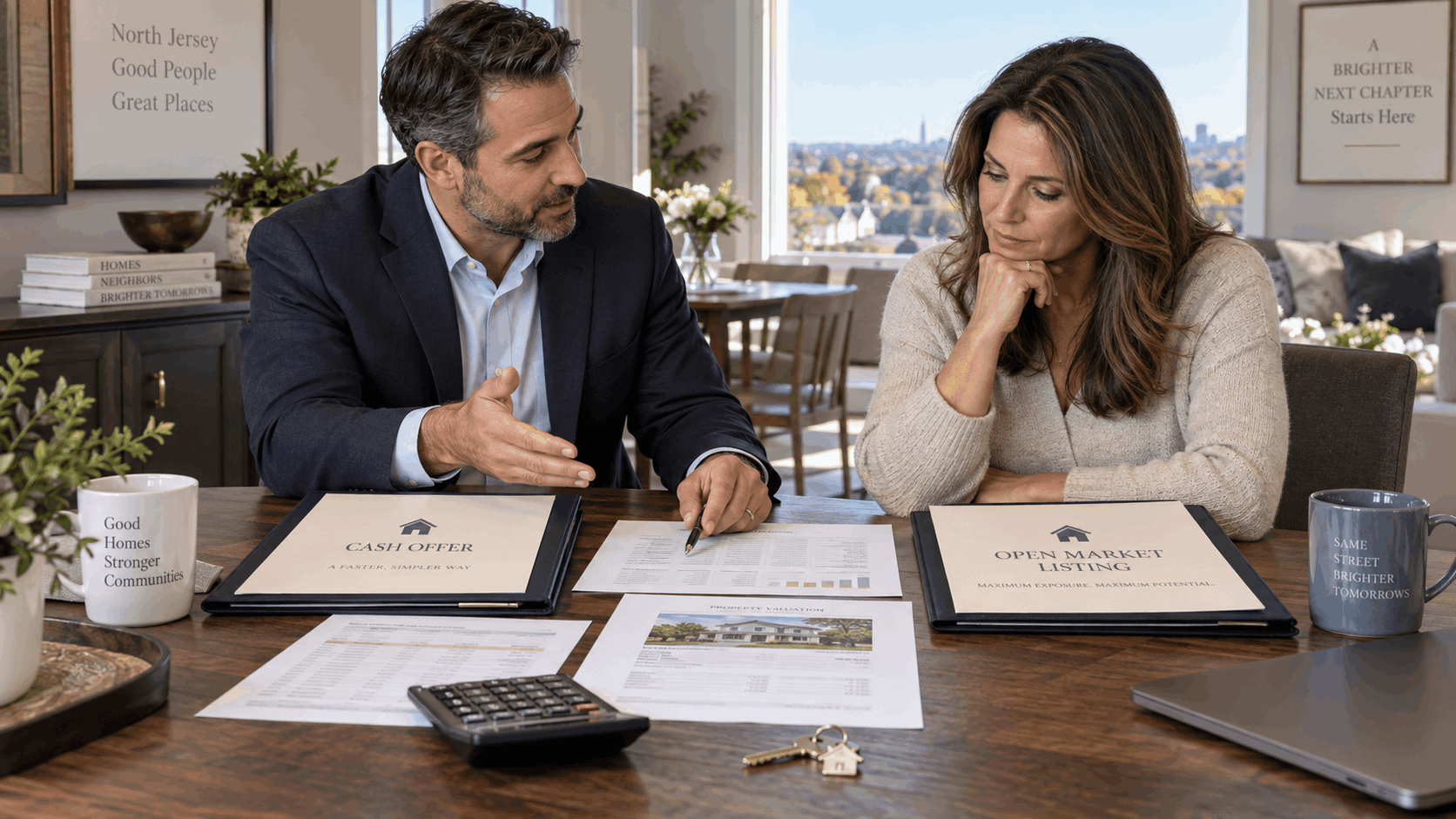 New Jersey homeowner comparing a cash offer and an open-market listing with a real estate agent using estimated proceeds and property valuation documents.