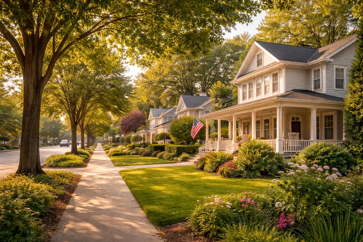 Quiet North Jersey residential street with tree lined sidewalks and well kept homes, showing walkable neighborhood lifestyle for relocating buyers