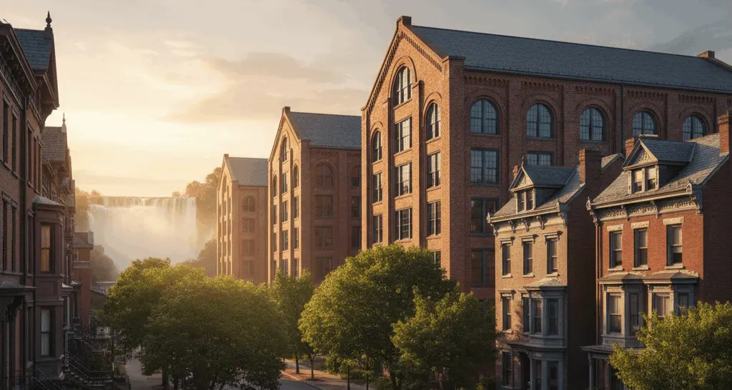 Historic brick buildings and residential homes near the Great Falls in Paterson New Jersey at sunset