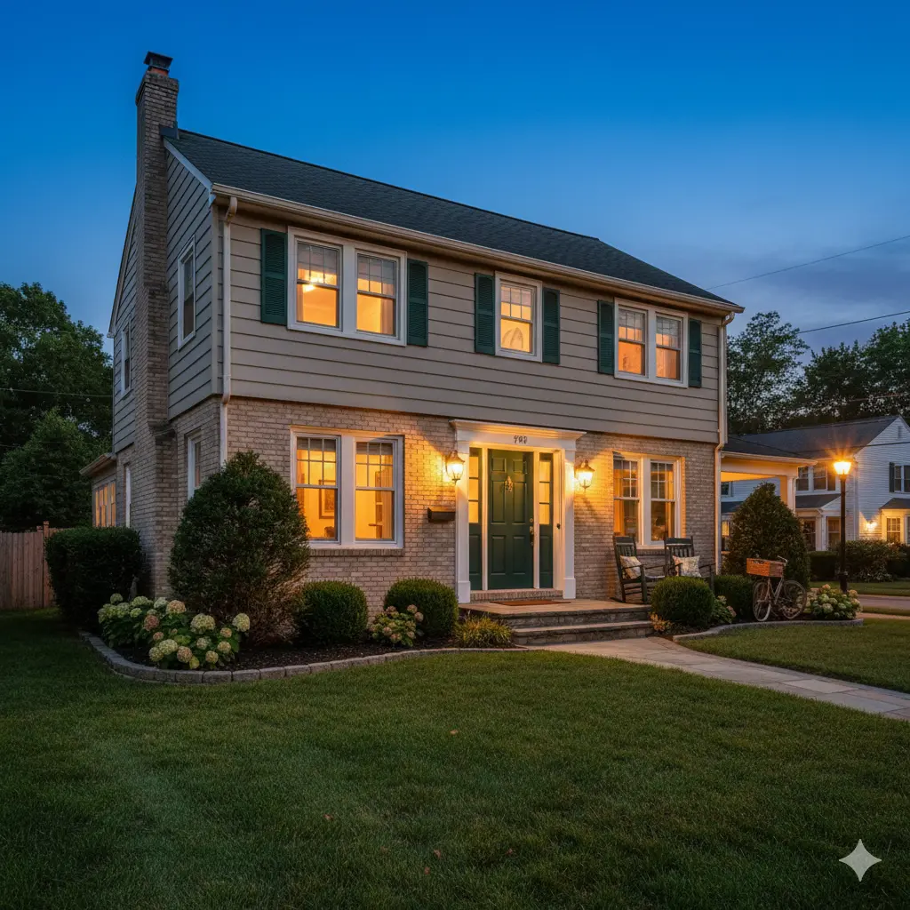 Evening view of a well maintained single family home in Prospect Park, NJ with warm interior lighting, landscaped front yard, and quiet residential surroundings, highlighting community pride, neighborhood stability, and small town living in Passaic County.