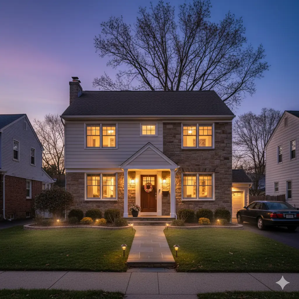 Warmly lit single-family home in Prospect Park, NJ at dusk, showcasing a well-maintained residential property with inviting curb appeal, tree-lined surroundings, and a calm neighborhood atmosphere that reflects community pride and stable living in Passaic County.
