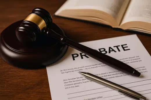 Judge’s gavel with probate paperwork and pen symbolizing probate court process in New Jersey.