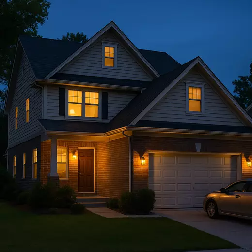 Suburban New Jersey home at dusk with warm interior lights symbolizing family connection and probate property transfer.