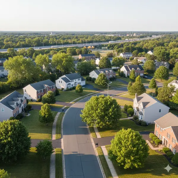 Aerial view of Totowa NJ residential neighborhood with single-family homes and nearby highway access