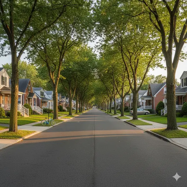 Quiet tree-lined residential street in Totowa NJ with single-family homes and sidewalks