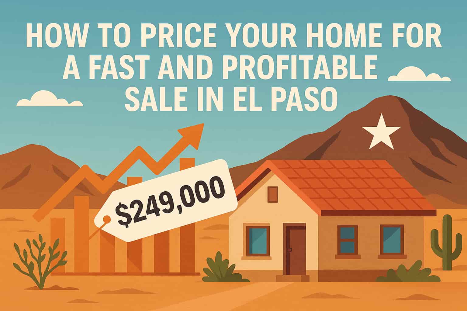How to price your home for a fast and profitable sale in El Paso, featuring a desert landscape, a house, rising price chart, and the Franklin Mountains with the star.