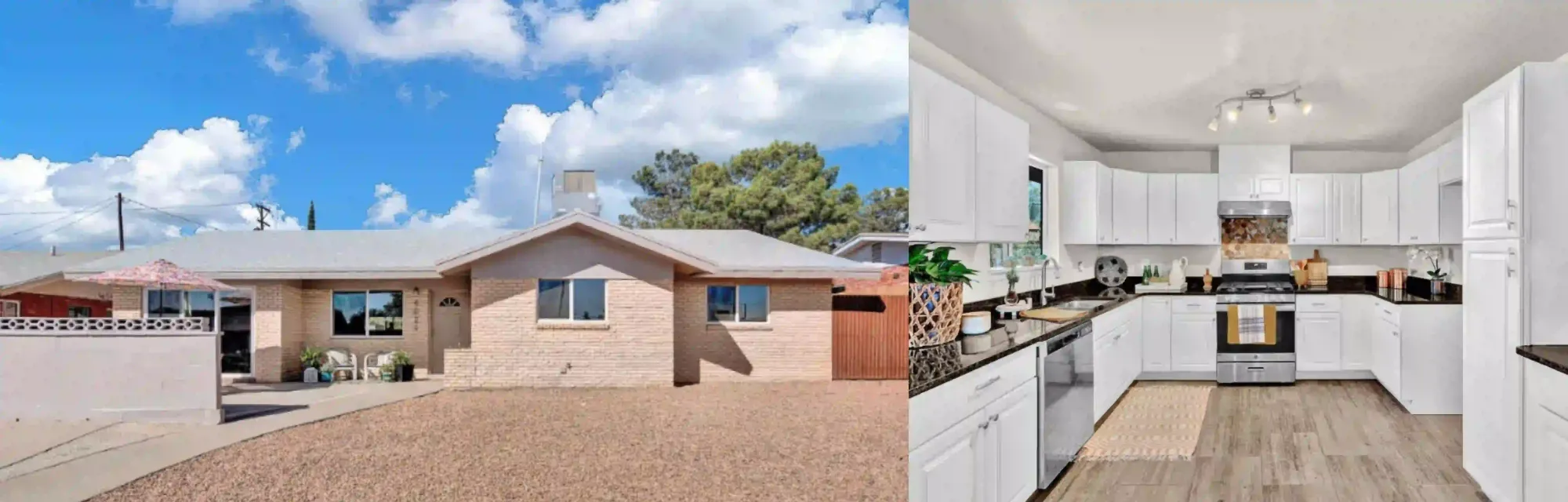 Before and after collage of a remodeled home in Coronado Hills El Paso showing exterior front and updated kitchen