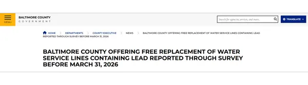 Baltimore County Offering Free Replacement for Lead Water Service Lines: DEADLINE March 31st, 2026