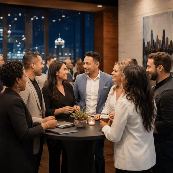 Real estate agents connecting and collaborating at a professional community event in San Antonio.
