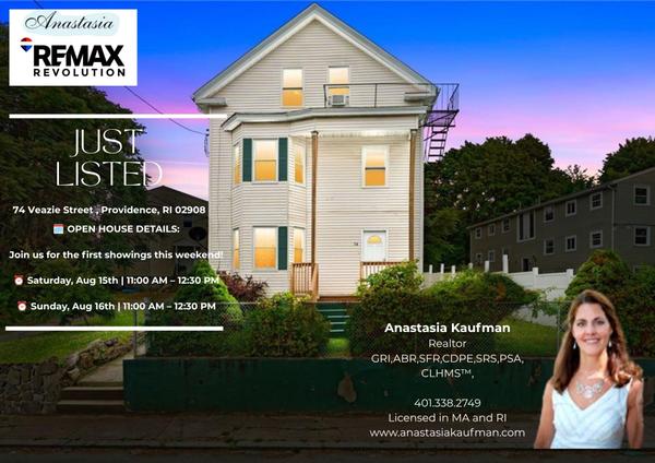 NEW LISTING and OPEN HOUSE: 74 Veazie Street, Providence, RI 02908 JOIN US THIS WEEKEND Sat Aug 15, 11am to 12:30pm and Sun Aug 16, 11am to 12:30pm