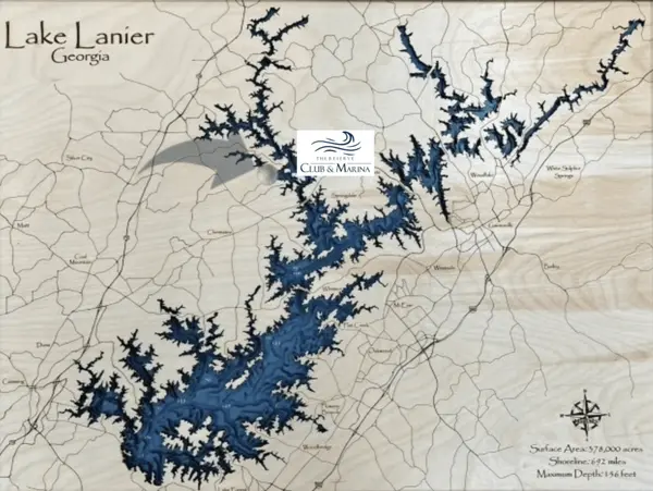 Map of Lake Lanier with Destination Marked The Reserve Club and Marina