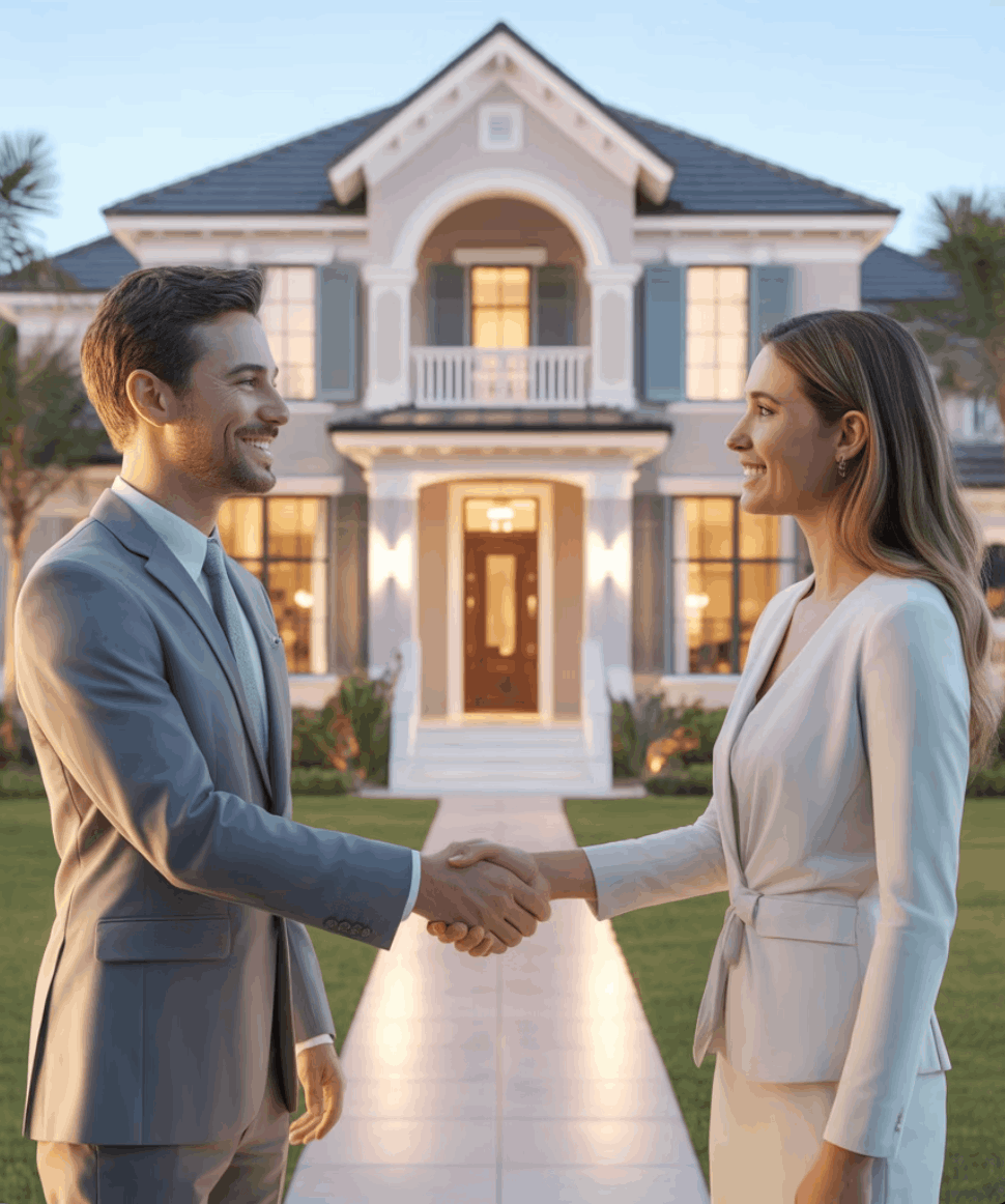 Successful closing: Realtor and client shake hands in front of a new Florida home.
