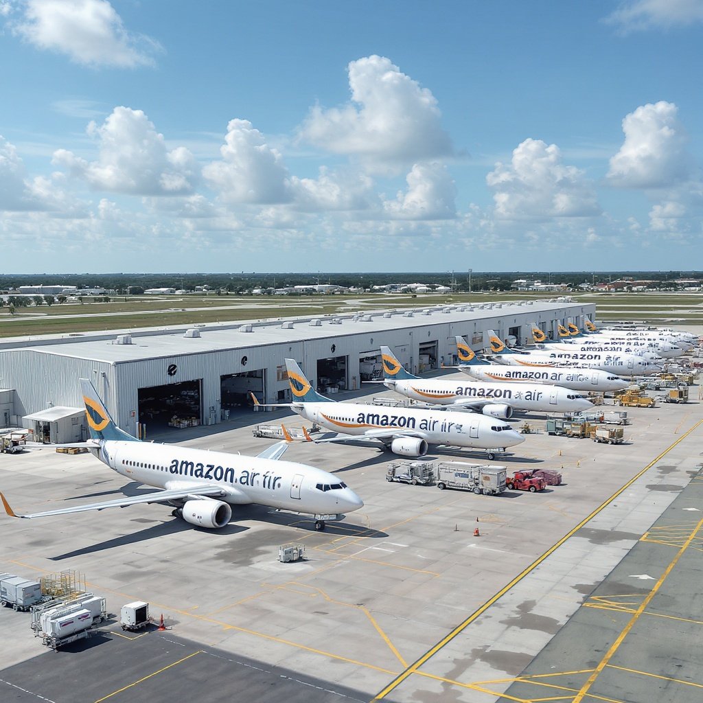 A row of white Amazon Air cargo jets parked nose-in at Lakeland Linder Regional Airport in front of a large hangar. Each plane bears the ‘amazon air’ logo and orange swoosh on its fuselage. Ground support vehicles, cargo containers, and equipment are scattered across the concrete apron. In the background, a flat Florida landscape stretches under a bright blue sky dotted with fluffy white clouds
