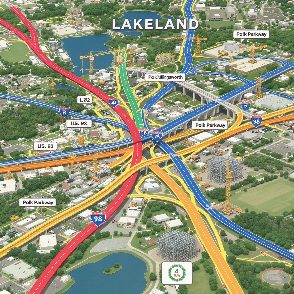 &ldquo;A detailed aerial-style map of Lakeland, Florida, showing color-coded highways converging around a downtown lake. Interstate 4 is highlighted in red, US 92 in orange, US 98 in blue, and the Polk Parkway in yellow. Crane icons mark multiple active infrastructure projects along the roads, and labels identify the Polk Parkway and Polk Hillsborough routes. Residential blocks, green parks, and blue water bodies fill the background beneath the large &lsquo;LAKELAND&rsquo; title.&rdquo;