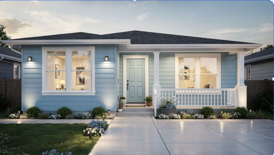 Front view of a blue single-story house at dusk with a small porch, lit windows, and landscaped flower beds along the walkway.
