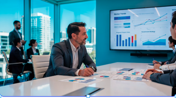 Business meeting in a modern conference room where colleagues review printed charts while a wall screen shows market trend graphs and bar charts.