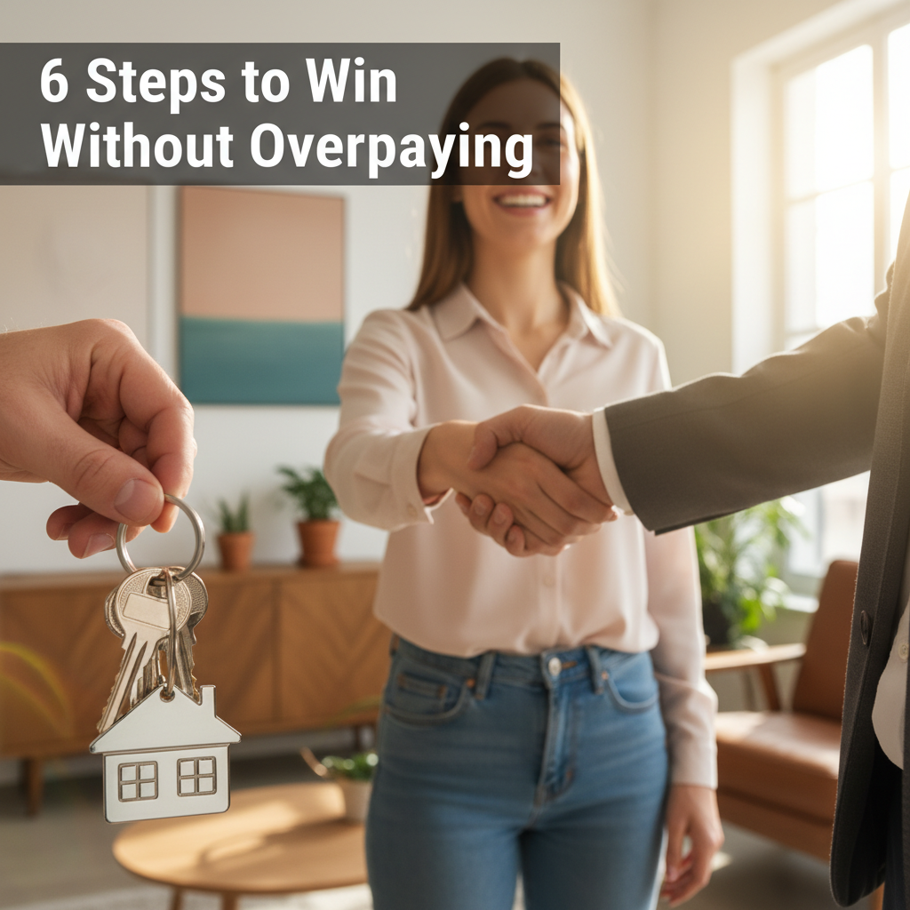A close-up shot of two people shaking hands, symbolizing an "Offer Accepted" moment. One hand holds a set of house keys with a house-shaped keychain. Overlay text reads "6 Steps to Win Without Overpaying