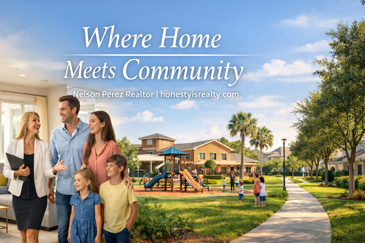 A bright real estate newsletter header showing a smiling family touring a sunlit home with an agent, blended with a nearby playground, school campus, and tree-lined suburban neighborhood, with the headline “Where Home Meets Community.”