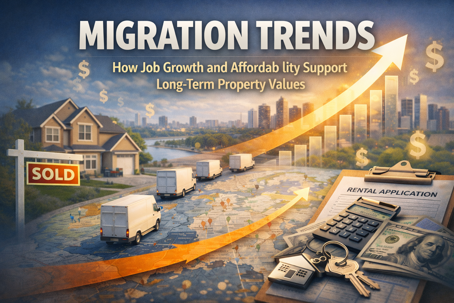 Graphic titled “Migration Trends: How Job Growth and Affordability Support Long-Term Property Values.” The image shows moving trucks traveling across a map toward a city skyline, symbolizing migration. A large upward arrow and bar chart represent rising property values. On the left is a suburban home with a “Sold” sign, while the foreground shows real estate items including a rental application, calculator, cash, and house keys. Dollar symbols appear throughout the image to represent financial growth and investment in real estate.