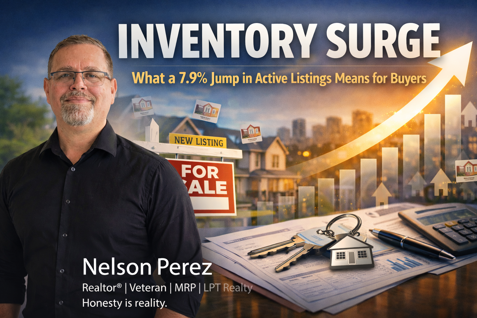Promotional real estate newsletter graphic featuring Nelson Perez on the left in a black shirt and glasses, standing in front of a blurred housing and office-style background. Large headline reads “Inventory Surge” with subheadline “What a 7.9% Jump in Active Listings Means for Buyers.” A rising arrow and bar chart appear on the right above papers, keys, a house keychain, and a calculator, with Nelson’s branding at the bottom: “Nelson Perez, Realtor® | Veteran | MRP | LPT Realty. Honesty is reality.”