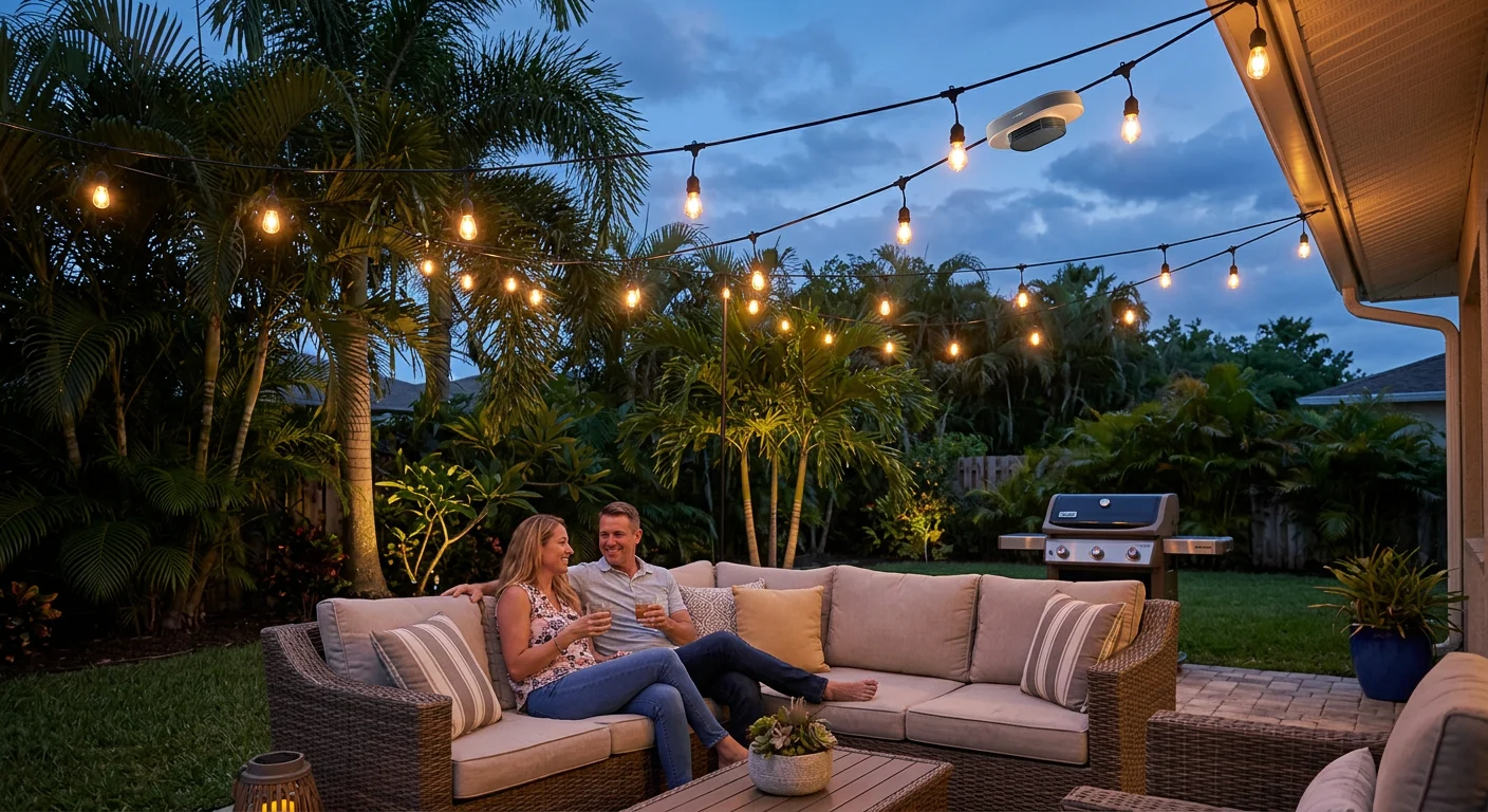 A photograph of a couple smiling and holding drinks while relaxing on a wicker sectional sofa in a lush Florida backyard patio at dusk. Warm Edison-style string lights are draped overhead, illuminating the scene. A white, disc-shaped mosquito repellent device is attached to one of the light strands above the seating area. The background features tropical palm trees and a gas grill.
