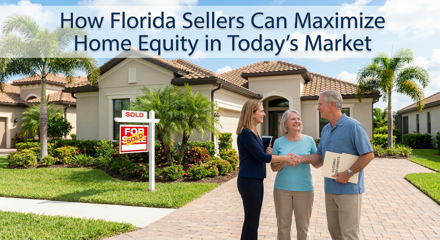 A photograph of a real estate agent shaking hands with an older couple in front of a sold Florida home. A 'SOLD' sign is in the yard, and the man holds a folder labeled 'CLOSING DOCUMENTS'. A text banner at the top reads: 'How Florida Sellers Can Maximize Home Equity in Today’s Market'.