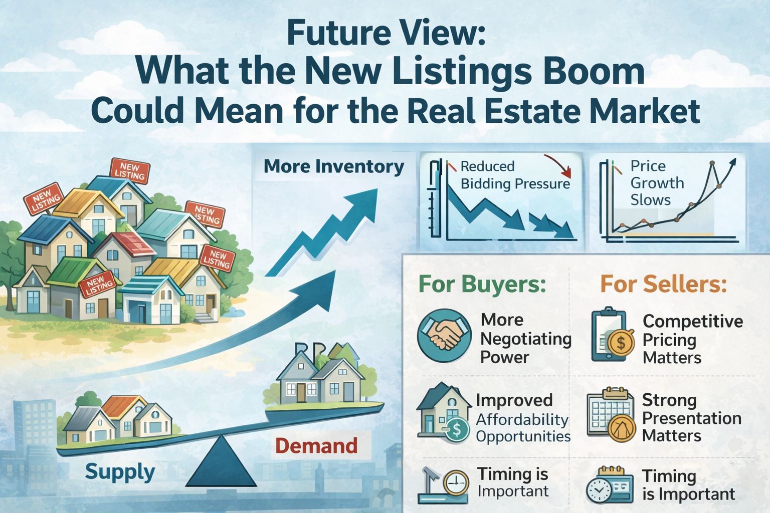 Graphic titled “Future View: What the New Listings Boom Could Mean for the Real Estate Market.” The visual explains how a surge in new home listings could shift market conditions. It suggests more inventory entering the market, which may increase buyer choice, reduce bidding pressure, and slow price growth. For buyers, it could mean more negotiating power and improved affordability opportunities. For sellers, it highlights the need for competitive pricing, strong presentation, and strategic timing as competition between listings increases. The graphic uses housing and market trend icons to illustrate changes in supply and market balance.