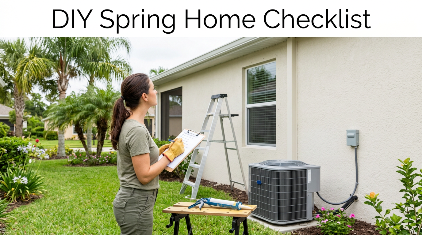 A photograph of a woman in a suburban backyard, wearing gloves and holding a clipboard with a checklist, performing home maintenance. She is near a ladder, an outdoor AC unit, and a house with clean gutters. A caulking gun is on a small table. A text banner at the top reads "DIY Spring Home Checklist".