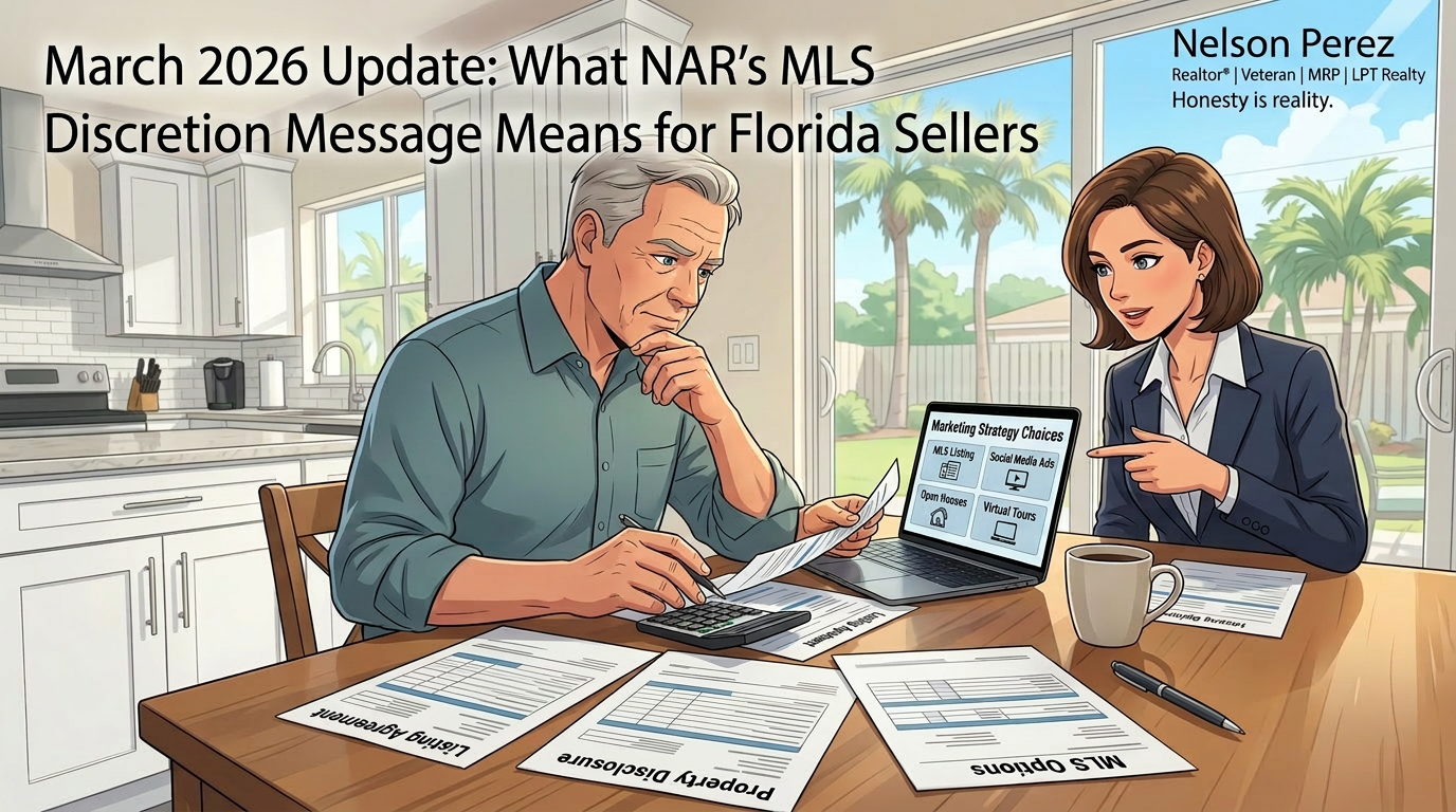 a Florida seller reviewing listing options with a Realtor at a kitchen table, with a laptop showing marketing strategy choices Style: anime Key elements: listing paperwork, laptop, seller consultation, marketing plan | MLS Options for Florida Sellers